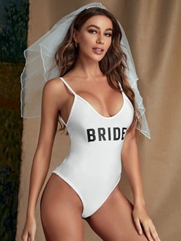 Graphic Bridal Costume Teddy Bodysuit With Veil