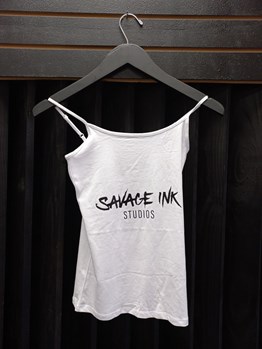 White tank top savage ink black logo